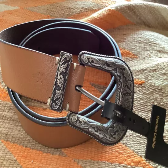 FRYE TAN BELT W/TAGS GENUINE LEATHER WESTERN BUCKLE SZ.XL (36”-43”?) WIDE 1 1/2”