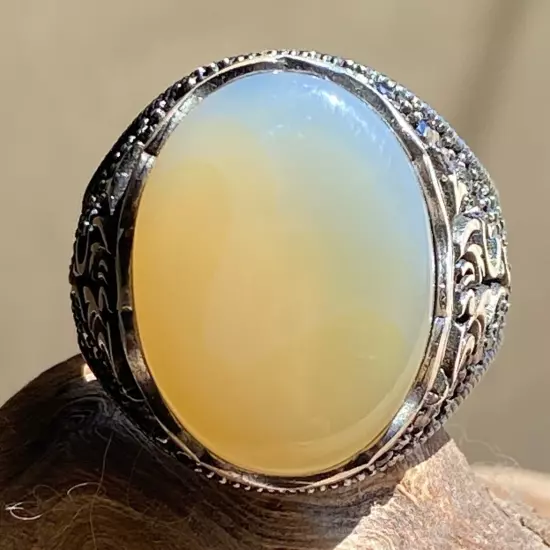 925 Sterling Silver men ring natural strong energy agate aqeeq akik silver ring