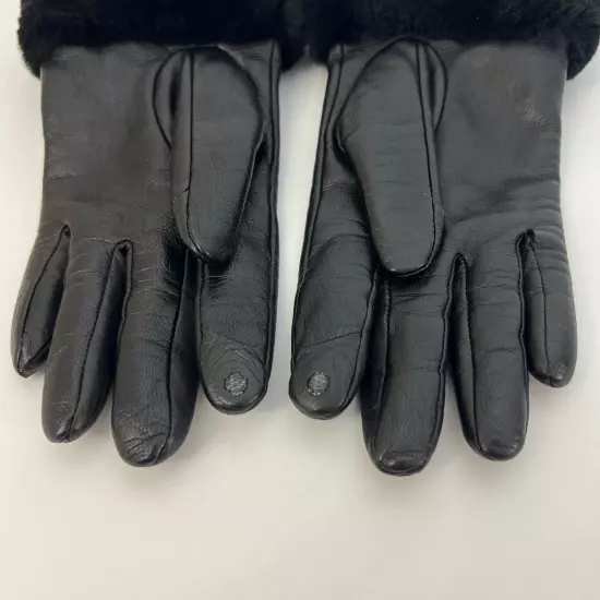 UGG Touchscreen Black Leather Gloves w/ Genuine Shearling Trim Size S