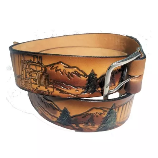 Leather Embossed Trucker Truck Driver Semi Truck Belt 18 Wheeler