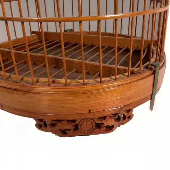 Vintage Bamboo & Teak Bird Cage 17" Curved Asian Chinoiserie Double Loop