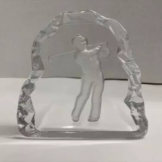 Glass Golfer Figurine Paperweight Bookend Clear W/Frosted Silhouette Golf 7”