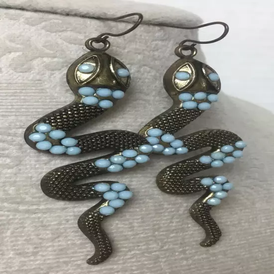 Statement Snake Viper Dangle Earrings Textured Brass Tone Blue Beads