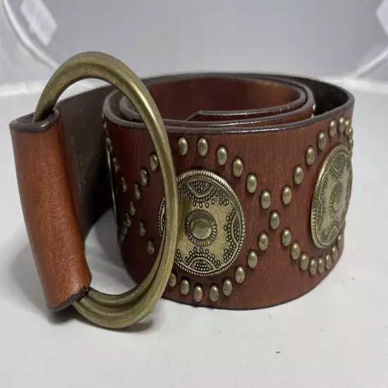 Brown Leather Studded Conch Western Belt Size 40”-42” Wide2” Heavy 10.8 Oz