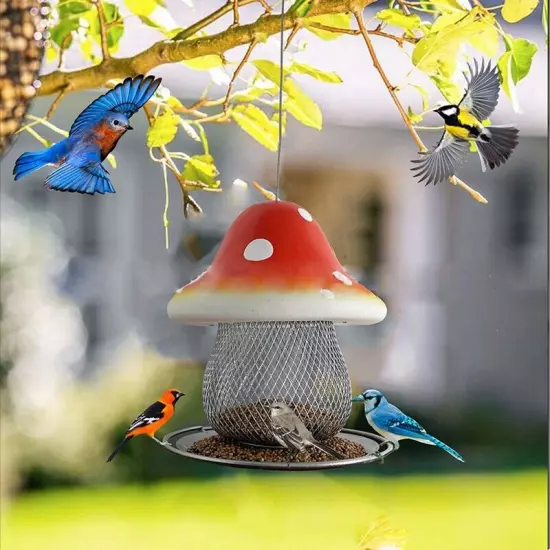 Solar Mushroom Bird Feeder,Fairy Garden Wild Bird Feeder Seed Tray, Unique7373