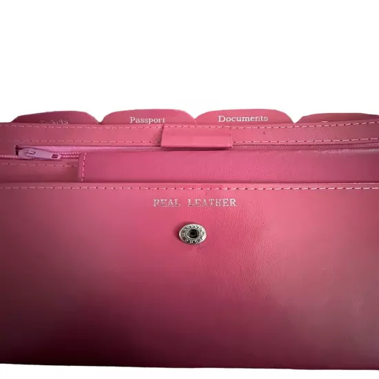 Woman’s Document Passport Travel Organizer Vintage Pink Leather Bi Fold Clutch