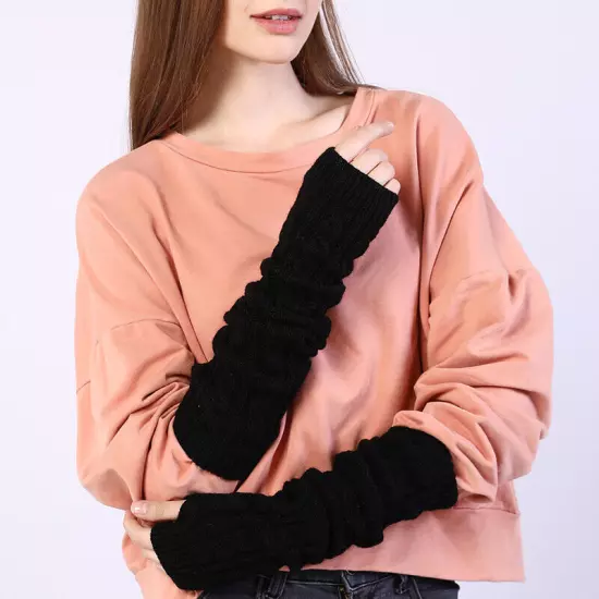 Women Long Half Finger Fingerless Gloves Arm Hand Warmer Knitted Mittens Winter