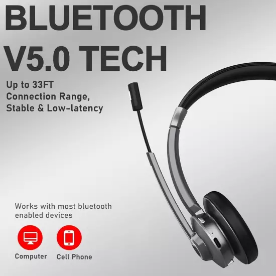 Bluetooth Headset with Microphone Wireless Headset with AI Noise Canceling V5...