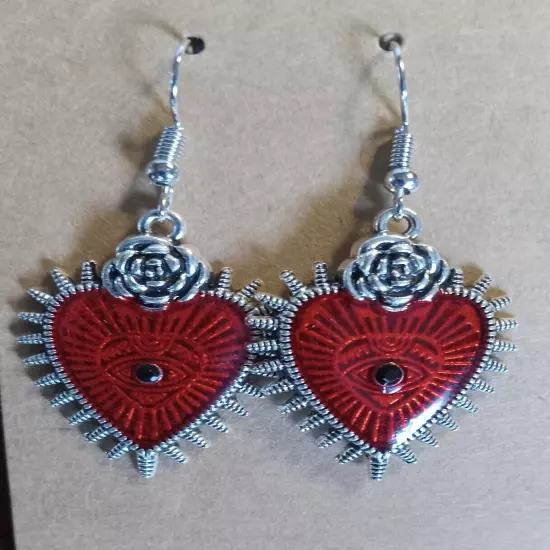 Red Enamel with Evil Eye, Heart shaped, Silvertone, Pierced Dangle Earrings Goth