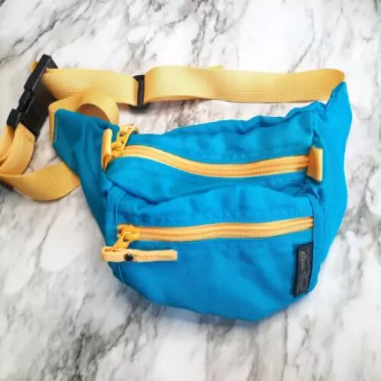 Vintage Eddie Bauer Fanny Pack Side Bag Blue Yellow Hiking Outdoors Small