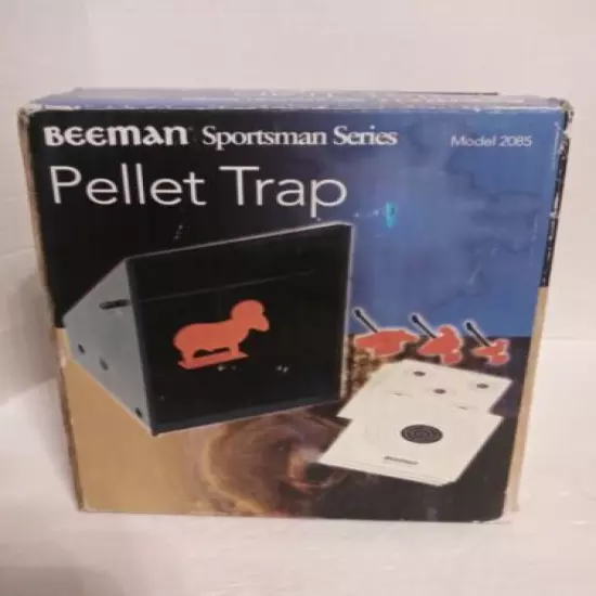 Marksman Pellet Trap with silhouettes and targets. Old box with water damage