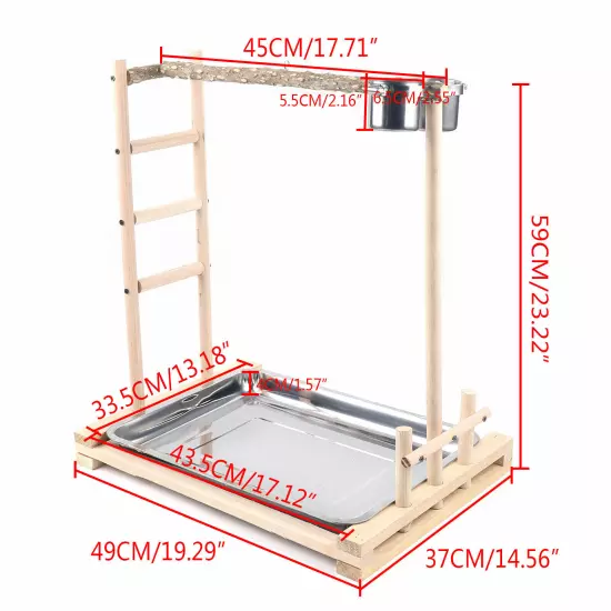 Bird Stand Rack Large Parrot Perch Wooden Playstand with Steel Tray + 2*Food Cup