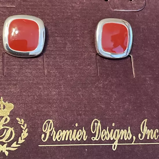 Premier Designs Silver Tone & Red Enamel Square Retired Stud Earrings ~1/2"