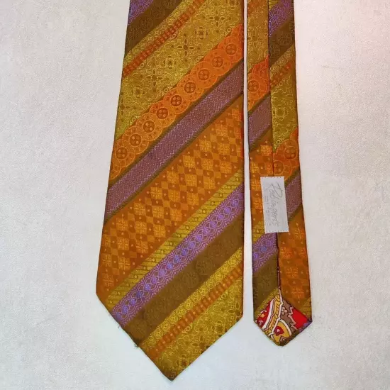 Vtg BJE Ernst Tie Orange Gold Brown Stripes Paisley Robinsons Union Made 54"