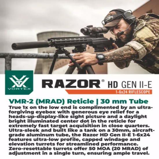 Vortex Optics Razor HD Gen II-E 1-6x24 VMR-2 MRAD Riflescope with Rings and Hat