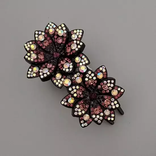 Ladies Rhinestone Double Flower Hair Clip Barrettes Crystal Comb Large Catch 1x-