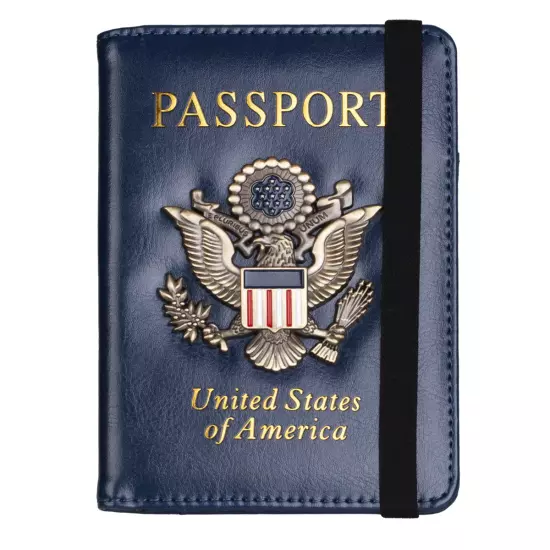 RFID Blocking Leather Passport Holder with 3D Metal Badge, Travel Document Passp