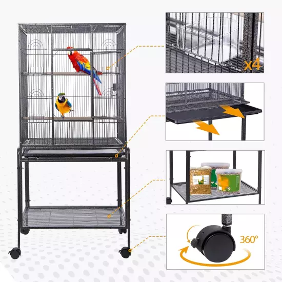 53" Wrought Iron Large Bird Flight Cage Rolling Stand African Grey Parrot Conure