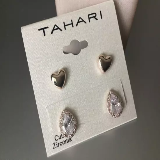 Tahari Heart & Teardrop Earrings Rose Petite Gold Tone Post Stud Cubic Zirconia 