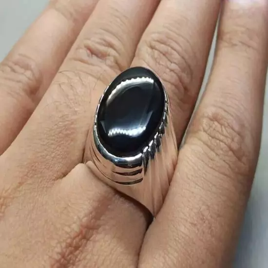 Mens Yemeni Black Aqeeq Ring - Natural Big Black Agate in Sterling Silver 925