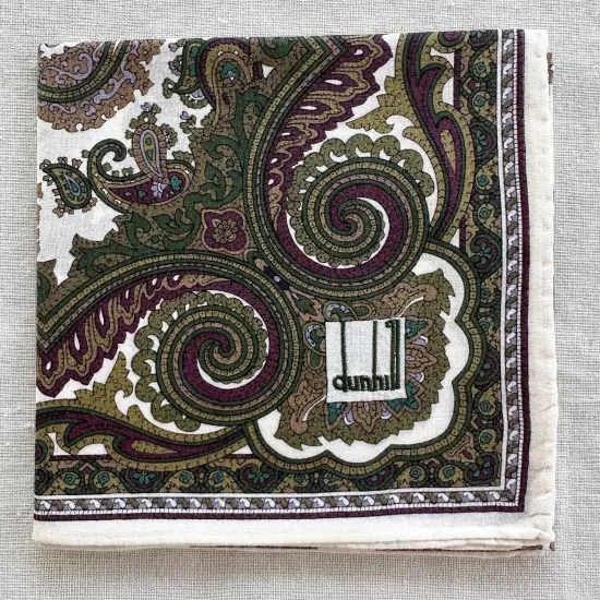 Dunhill Vtg Handkerchief Dark Green Cotton Paisley Damask Art Pocket Square 20"