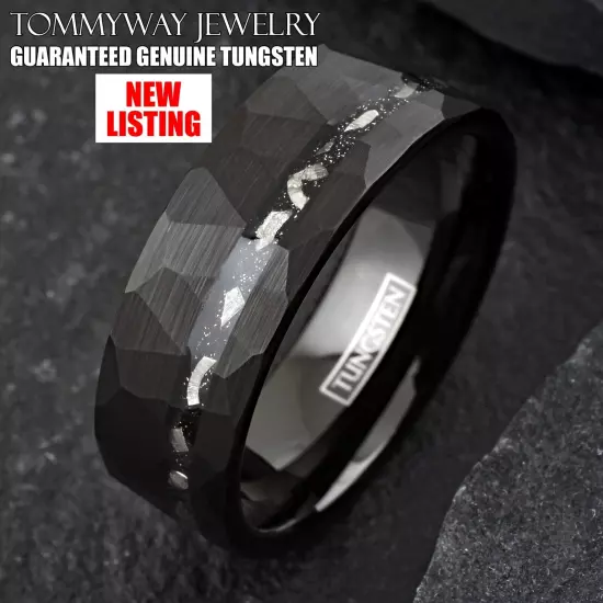 8mm Black Tungsten Men's Faceted Faux Meteorite Striped Wedding Band Ring