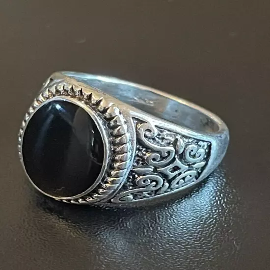 Natural Oval Black Obsidian Stone S925 Silver Plated Men Women Ring Size 9