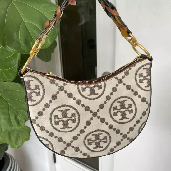 Tory Burch Ivory T Monogram Small Crescent Bag Shoulder Purse Crossbody $598