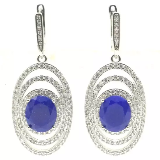 Beautiful Blue Sapphire White CZ For Women Daily Wear Silver Earrings 