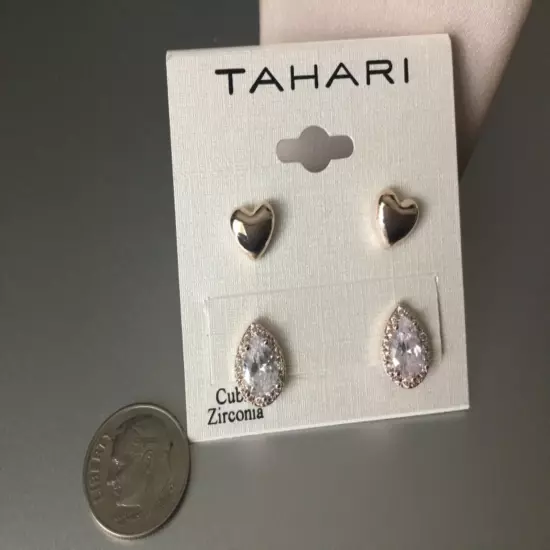 Tahari Heart & Teardrop Earrings Rose Petite Gold Tone Post Stud Cubic Zirconia 