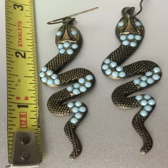 Statement Snake Viper Dangle Earrings Textured Brass Tone Blue Beads