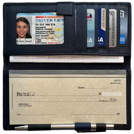 RFID Leather Checkbook Cover With Credit Card Slots and Pen Holder