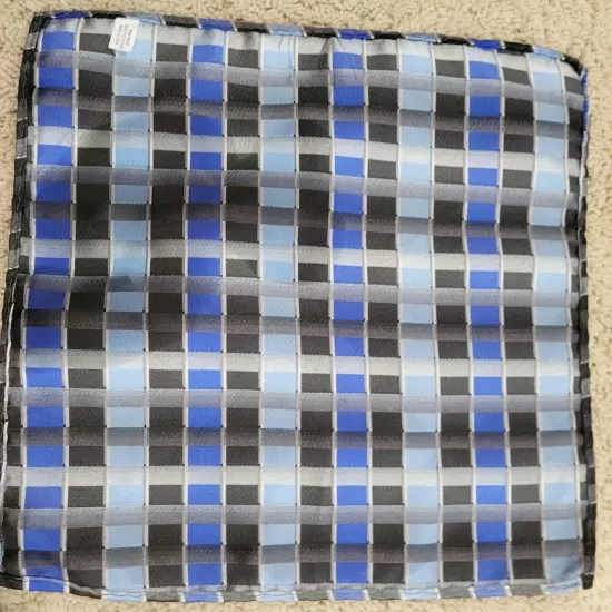 Men's blue black white plaid hand rolled 11 inch Pocket Square