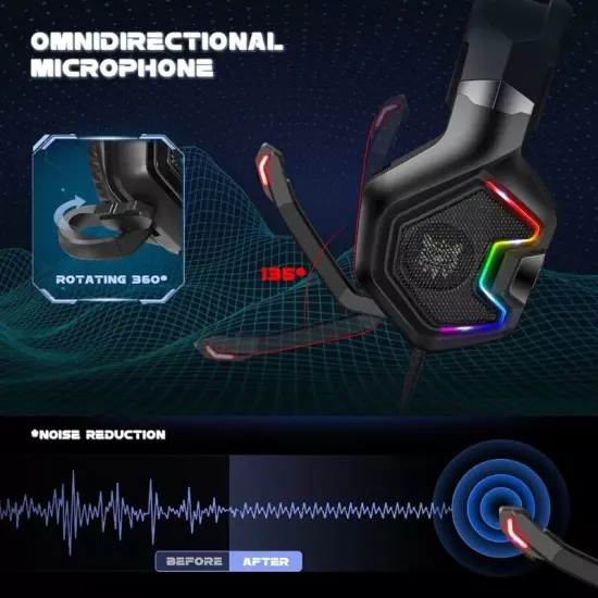 Gaming Headset with Breathing RGB LED Light Effect Headset Noise Cancel