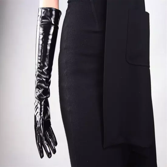 LATEX GLOVES Shine Leather Faux Patent Vegan PU 8" 21cm Short Basic Shine Black