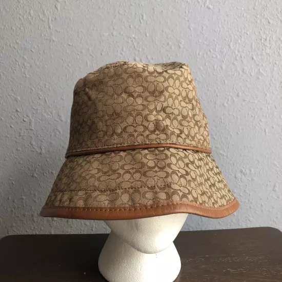 Coach Brown Signature Jacquard Hat M/L Small Monogram Logo Pattern Leather Trim