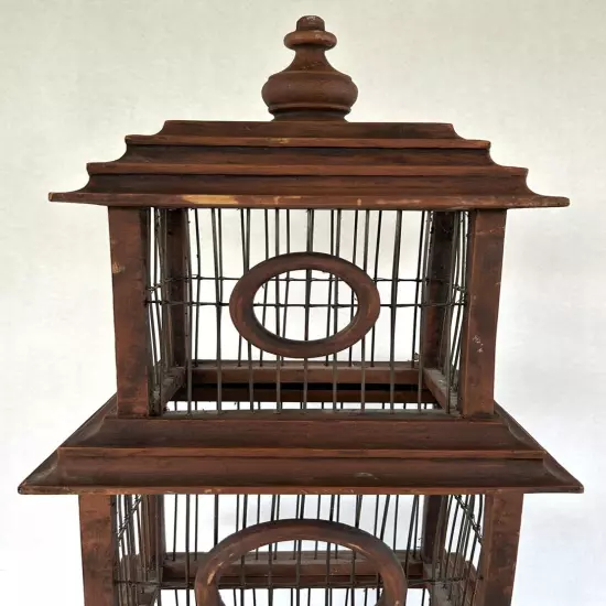 Vintage Bird Cage 30" Pagoda Style Brown Wood & Wire Large Floor Standing Cage