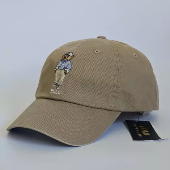 Polo Ralph Lauren Mens Polo Bear Beige Tan Twill Chino Cap Hat Leather Backstrap