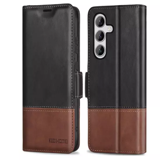 KEZiHOME Case for Galaxy S24 5G, Genuine Leather [RFID Blocking] Black/Brown