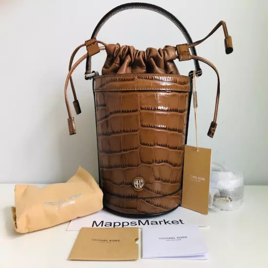 MICHAEL KORS COLLECTION Audrey Medium Croc Embossed Leather Bucket Bag CHESTNUT