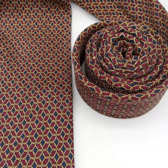 Brooks Brothers Makers Mens Silk Foulard Tie-Burgundy Navy Gold 60" Necktie Vtg