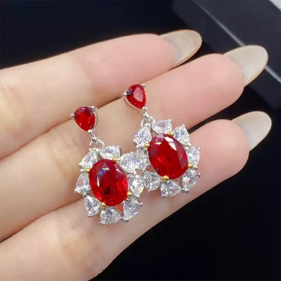 New Luxury Flower Red Garnet Topaz Gems Women Girl Jewelry Dangle Stud Earring