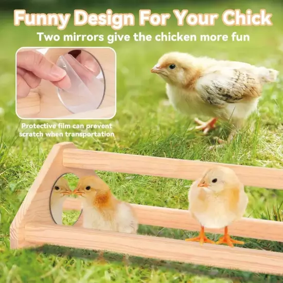 PETSFIT Chick Perch with Mirror, Solid Wooden Thicken Rooster Perch for Coop 