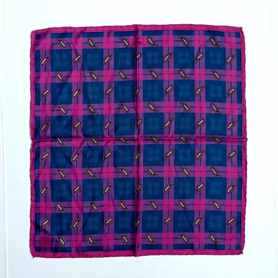 Ferrell Reed Silk Pocket Square Men's Pink Blue Plaid 16.5" Rolled Hems Italy