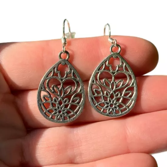 Silver Filigree Flower Heart Teardrop Earrings 925 Sterling Silver Hooks