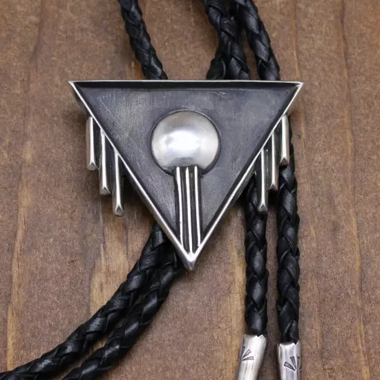 Sterling Silver Triangle Bolo Tie with a Disc and Silver Vertical Lines