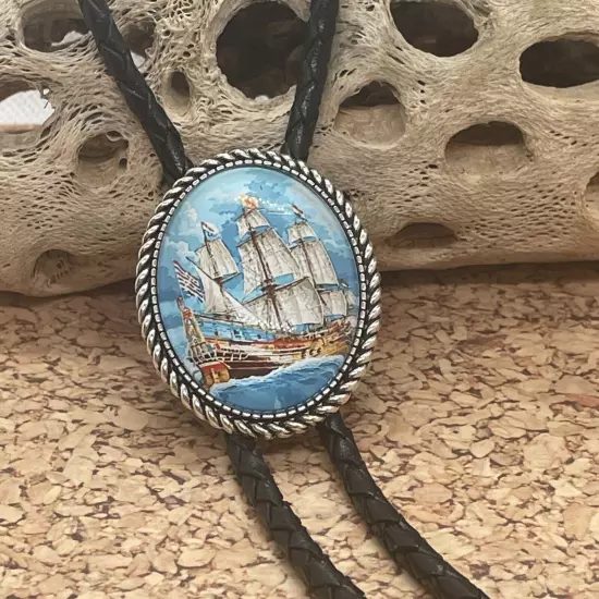 Nautical Ship Pirate Ocean Sailing Bolo Tie Lariat Necklace Wedding Gift Dad Son