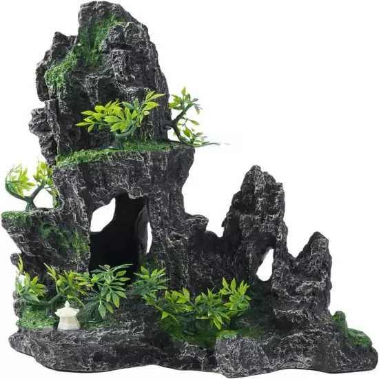 Mountain View Aquarium Ornament with Tree House Cave Bridge Resin