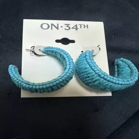 New Seed Bead & Raffia C Hoop Earrings Turquoise Blue Boho Cottagecore Beach