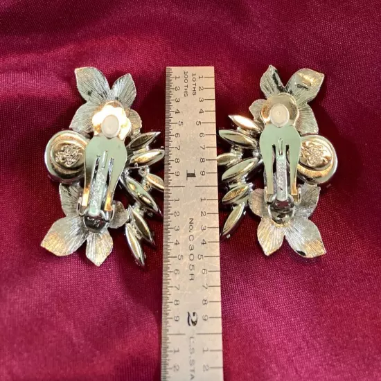 KIRKS FOLLY Clip Earrings Clear Crystal Silver Tone Flowers